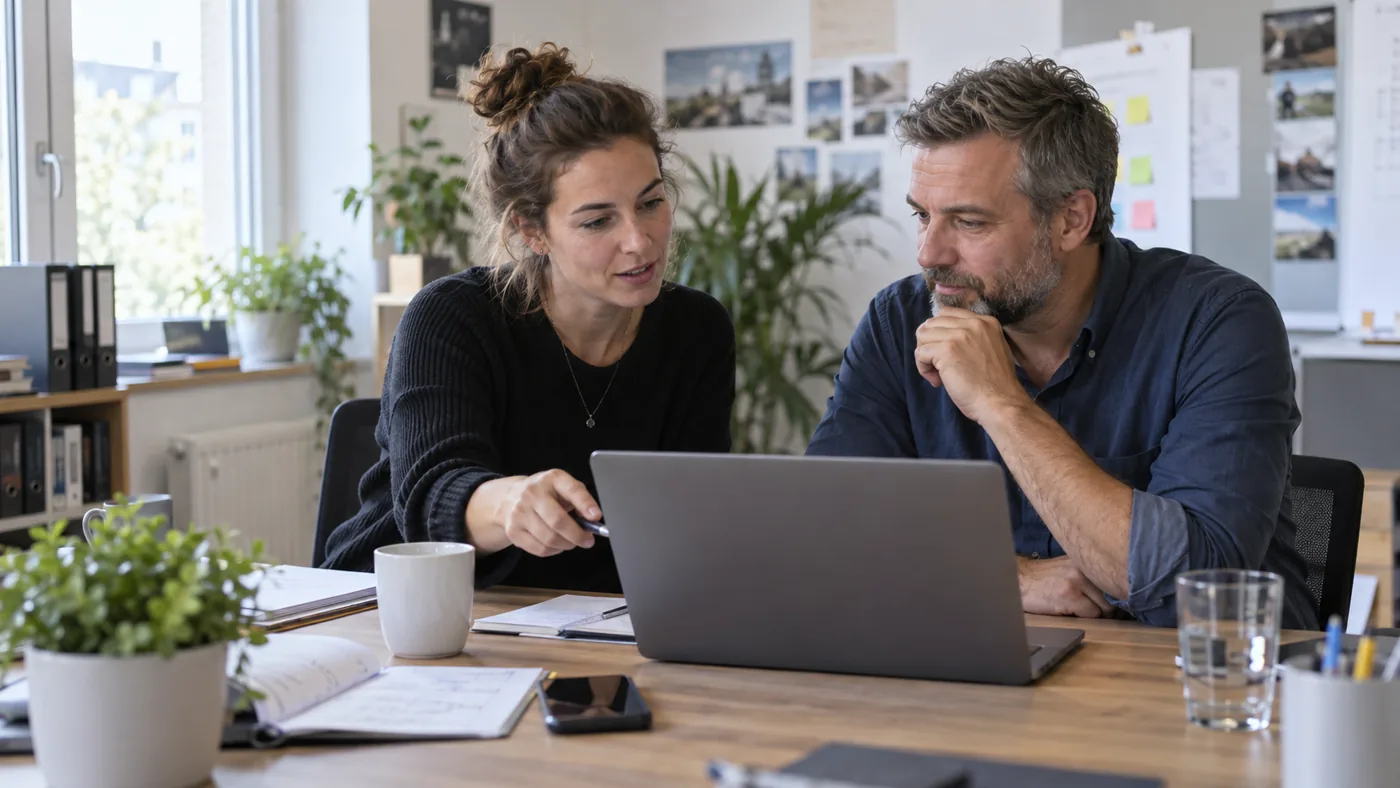 Zwei Kollegen besprechen Kundendaten an einem Laptop