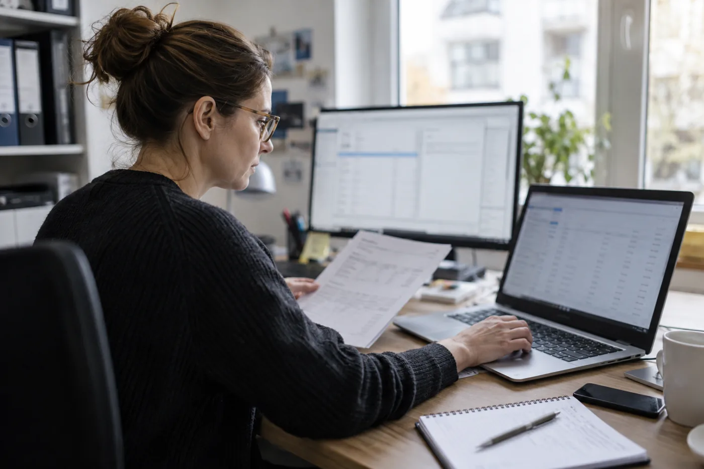 Buchhalterin prüft eine Rechnung am Arbeitsplatz mit Laptop und Monitor